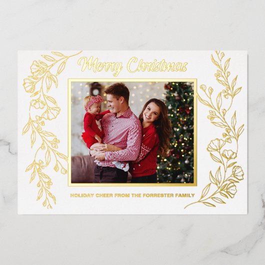 クリスマス家族3人 フォト 葉のアート 箔シーズンカード (正面)