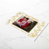 クリスマス家族3写真葉のアート 箔シーズンカード (回転した状態)