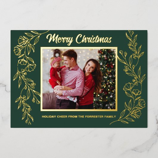 クリスマス家族 フォト 緑の葉のアート 箔シーズンカード (正面)