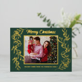 クリスマス家族 フォト 緑の葉のアート 箔シーズンカード (立ち正面)
