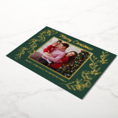 クリスマス家族 フォト 緑の葉のアート 箔シーズンカード (回転した状態)