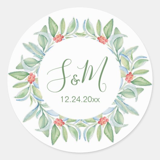 クリスマス封筒用シール、グリーン&ベリー ラウンドシール (正面)