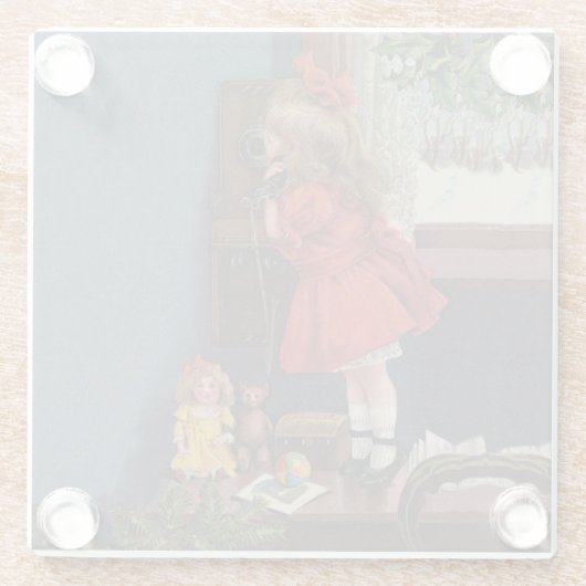 クリスマス小さな女の子電話アンティーク ガラスコースター (裏面)