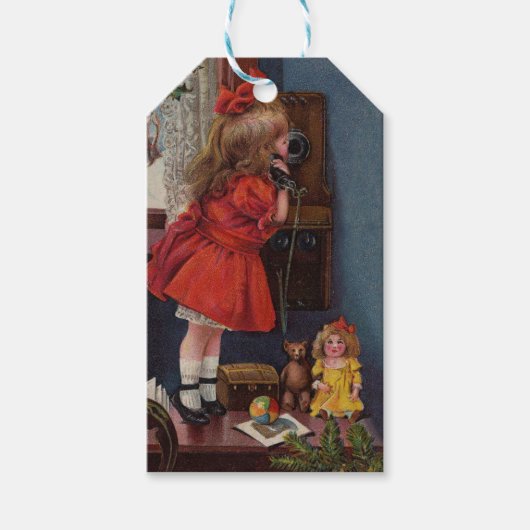 クリスマス小さな女の子電話アンティーク ギフトタグ (正面)