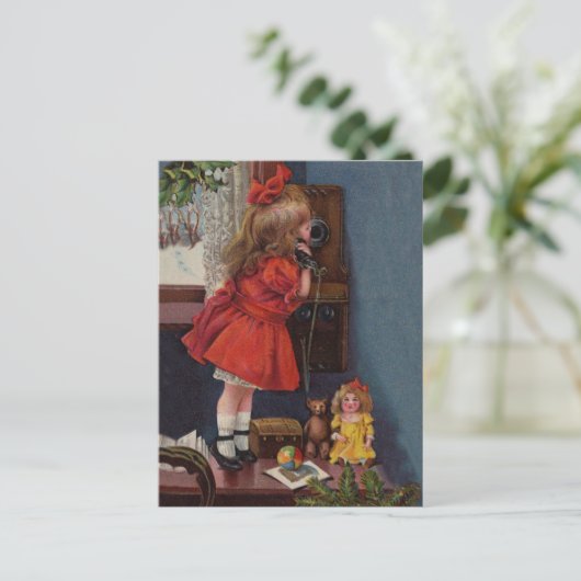 クリスマス小さな女の子電話アンティーク シーズンポストカード (スタンド正面)