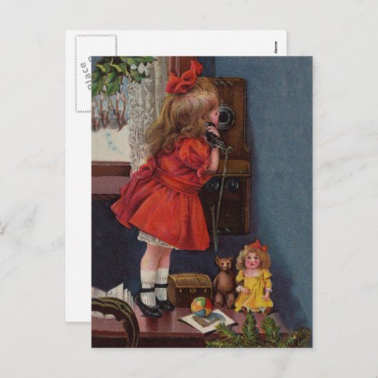 クリスマス小さな女の子電話アンティーク シーズンポストカード (正面/裏面)