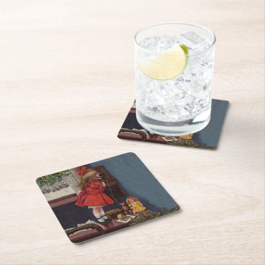 クリスマス小さな女の子電話アンティーク スクエアペーパーコースター (インサイチュ)