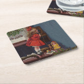 クリスマス小さな女の子電話アンティーク スクエアペーパーコースター (アングル)