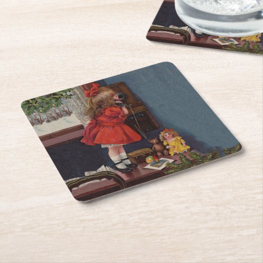 クリスマス小さな女の子電話アンティーク スクエアペーパーコースター (アングル)