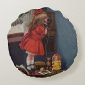 クリスマス小さな女の子電話アンティーク ラウンドクッション (裏面)