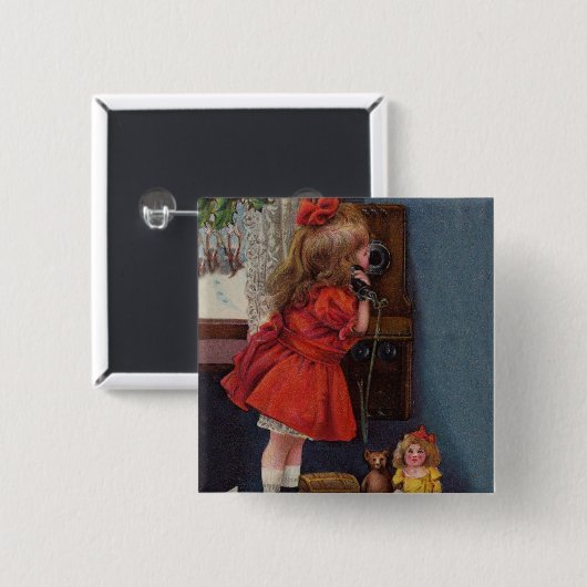 クリスマス小さな女の子電話アンティーク 缶バッジ (正面&裏面)