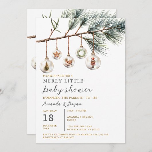 クリスマス小メリーさな赤ちゃんシャワーガラスボーブル 招待状 (正面/裏面)