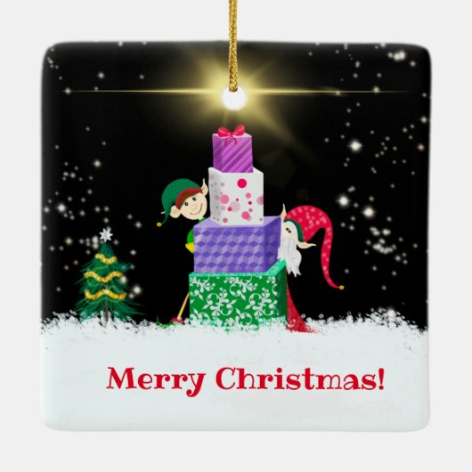 クリスマス小人とクリスマスプレゼント セラミックオーナメント (裏面)