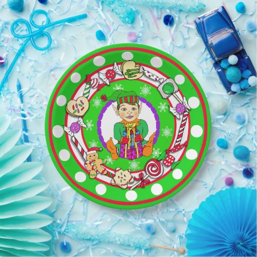 クリスマス小妖精や小人お洒落キャンディ水玉模様 ペーパープレート (パーティー)