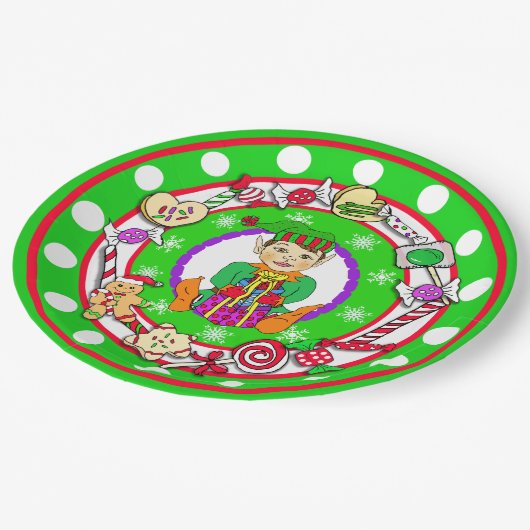 クリスマス小妖精や小人お洒落キャンディ水玉模様 ペーパープレート (アングル)