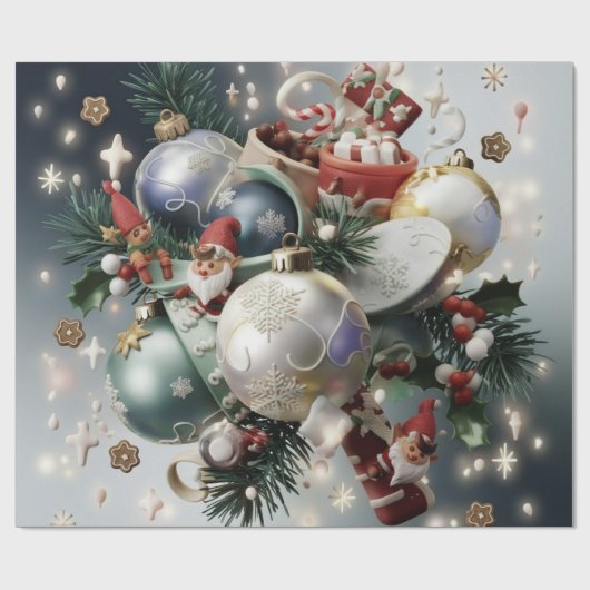 クリスマス小妖精や小人とオーナメント ラッピングペーパー (フラット)