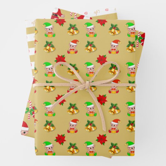 クリスマス小妖精や小人とベルズオンゴールデンホワイトストライプズ ラッピングペーパーシート (インサイチュ)