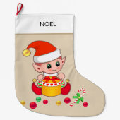 クリスマス小妖精や小人とベージュのクリスマスボール ラージクリスマスストッキング (正面)