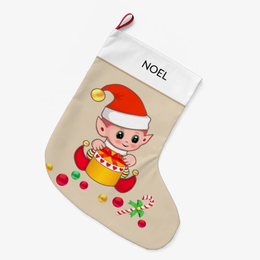 クリスマス小妖精や小人とベージュのクリスマスボール ラージクリスマスストッキング (正面 (吊り時))