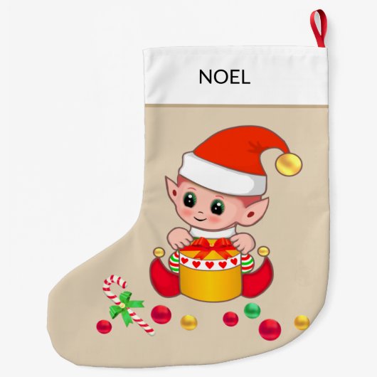 クリスマス小妖精や小人とベージュのクリスマスボール ラージクリスマスストッキング (裏面)