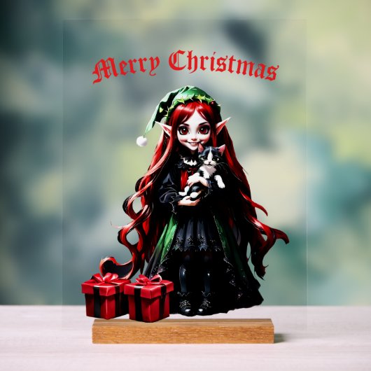 クリスマス小妖精や小人と子猫。 アクリルサイン (ニュートラル)