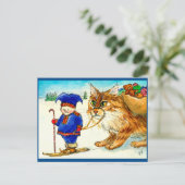 クリスマス小妖精や小人のトロール猫のスキーはがき ポストカード (スタンド正面)