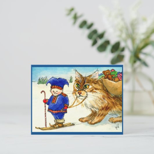 クリスマス小妖精や小人のトロール猫のスキーはがき ポストカード (スタンド正面)