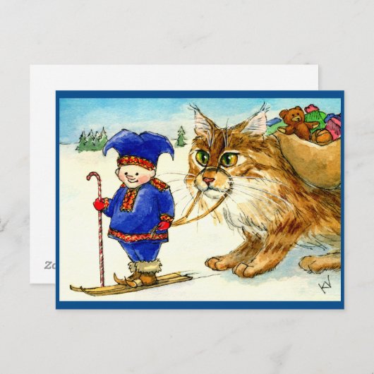 クリスマス小妖精や小人のトロール猫のスキーはがき ポストカード (正面/裏面)