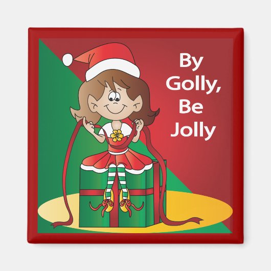 クリスマス小妖精や小人の少女が贈り物を包む マグネット (正面)