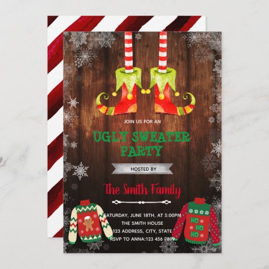 クリスマス小妖精や小人の醜いセーターテーマ 招待状 (正面/裏面)