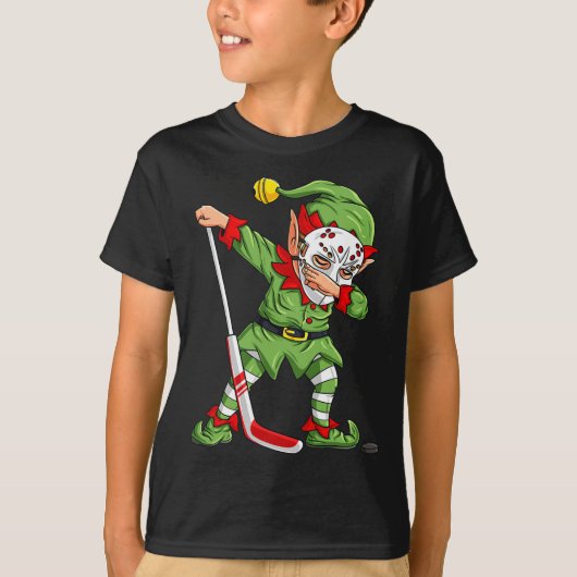 クリスマス小妖精や小人アイスホッケー選手ボーイズ子供 Tシャツ (正面)
