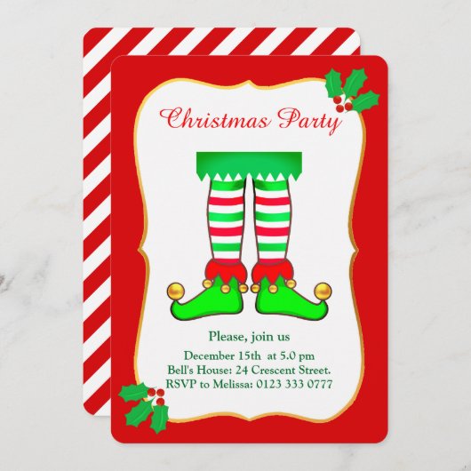 クリスマス小妖精や小人オンレッドパーティの招待状 招待状 (正面/裏面)