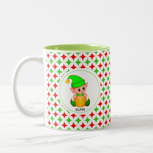 クリスマス小妖精や小人オン緑&赤ダイヤモンドスターパターン ツートーンマグカップ (左)