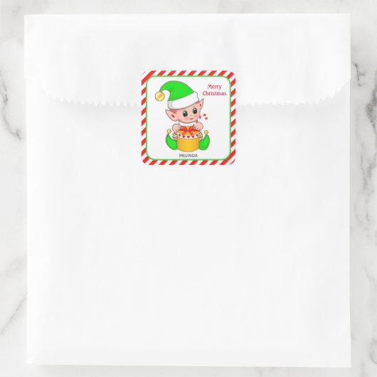 クリスマス小妖精や小人カスタム、赤と白の文字 スクエアシール (バッグ)