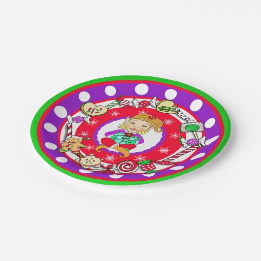 クリスマス小妖精や小人ガールお洒落キャンディ水玉模様 ペーパープレート (アングル)