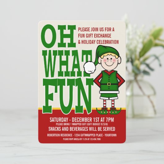 クリスマス小妖精や小人ギフト交換パーティの招待状 招待状 (スタンド正面)