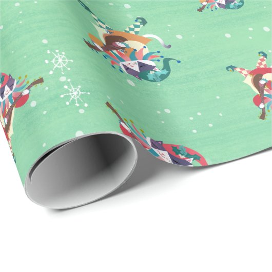 クリスマス小妖精や小人ジェスターキャットミントグリーン ラッピングペーパー (ロールコーナー)