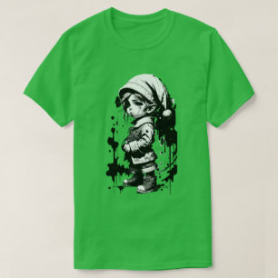 クリスマス小妖精や小人ブラック&ホワイトインククリスマスTシャツ Tシャツ