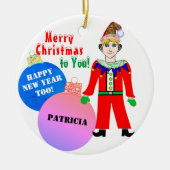 クリスマス小妖精や小人ブルーピンクオーナメントボール名 セラミックオーナメント (正面)