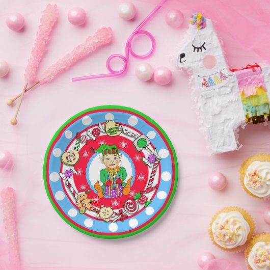 クリスマス小妖精や小人ボーイお洒落キャンディ水玉模様 ペーパープレート (パーティー)