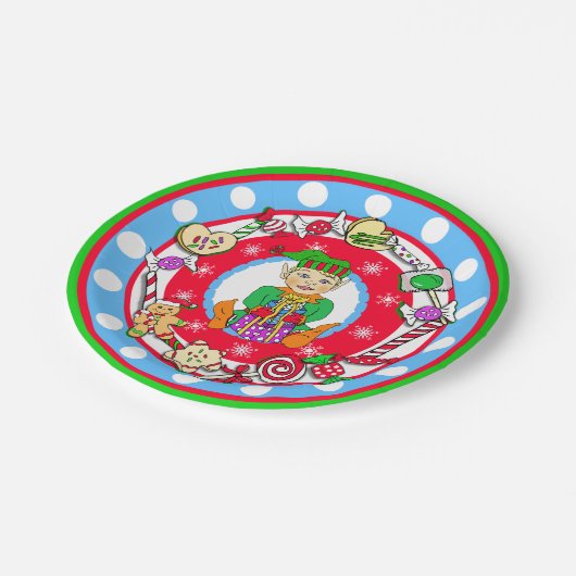 クリスマス小妖精や小人ボーイお洒落キャンディ水玉模様 ペーパープレート (アングル)