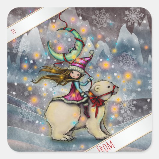 クリスマス小妖精や小人ライディングポーラベアギフトラベル スクエアシール (正面)