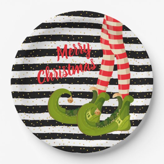 クリスマス小妖精や小人レッグブラックアンドホワイトストライプズ ペーパープレート (正面)