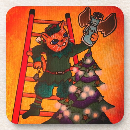 クリスマス小妖精や小人猫 コースター (正面)