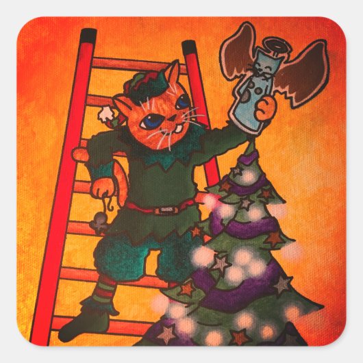 クリスマス小妖精や小人猫 スクエアシール (正面)