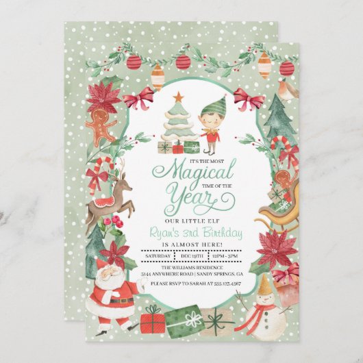 クリスマス小妖精や小人誕生日招待状 招待状 (正面/裏面)