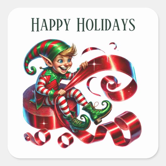クリスマス小妖精や小人追加メッセージHappy Holidays スクエアシール (正面)