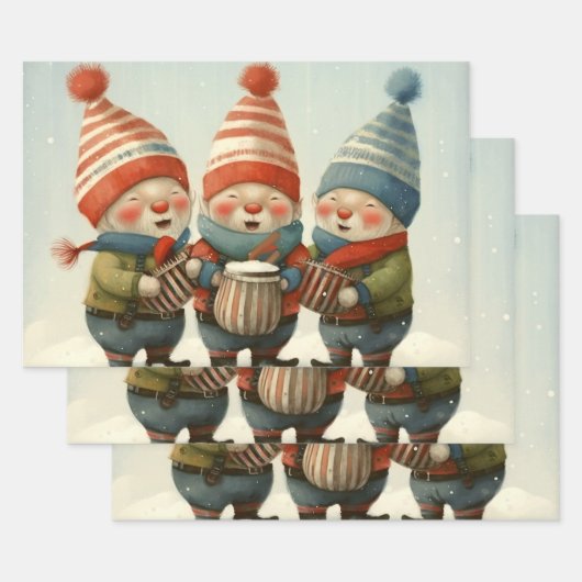 クリスマス小妖精や小人遊のミュージカルドラム ラッピングペーパーシート (セット)