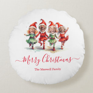 クリスマス小妖精や小人4枚の写真ファミリー名 ラウンドクッション