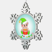 クリスマス小妖精や小人、キャンディーケーン&紙吹雪オンティール(緑がかった色)ブルー スノーフレークピューターオーナメント (右)